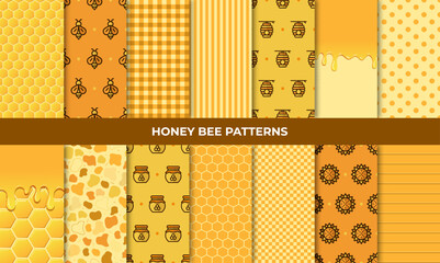 Bee pattern collection. Summer set. Cute flying bees flowers honey. Sweet honey background for beekeeping products. Vector illustration - obrazy, fototapety, plakaty