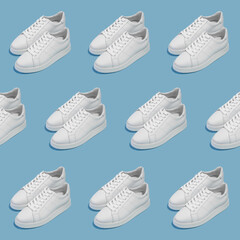 White female sneakers on a blue background