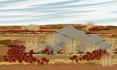 Arctic tundra in summer, Plants, mosses and lichens in the north. Realistic vector landscape