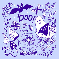 Greeting card for Halloween with ghost and bat. Vector illustration in doodle style in blue color.