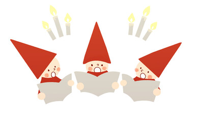 Obraz premium 白背景にろうそくがあり、赤い帽子に赤い服の３人のこどもが紙を見て口を開けているかわいいイラスト 