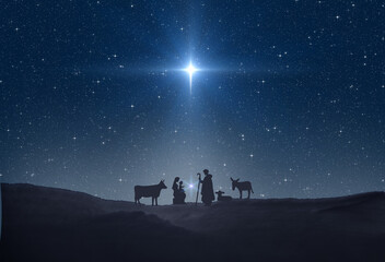 Star of Bethlehem, or Christmas Star. Silhouettes of Jesus Christ, Mary, Joseph and animals - 543432499