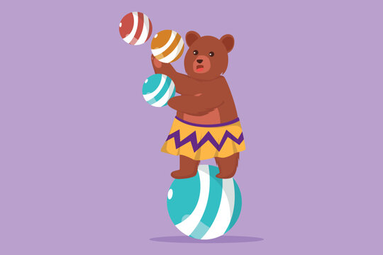 Character flat drawing a trained brown bear juggling on its head while standing on a ball. A very good circus show for all audiences. Successful show entertainment. Cartoon design vector illustration
