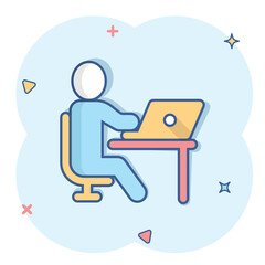 Fototapeta premium People with laptop computer icon in comic style. Pc user cartoon vector illustration on white isolated background. Office manager splash effect business concept.