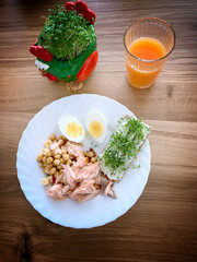 zdrowe, dietetyczne śniadanie z łosiem wędzonym, ciecierzycą, jajkiem gotowanym i grzanka  - obrazy, fototapety, plakaty