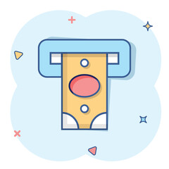 Money ATM icon in comic style. Exchange cash cartoon vector illustration on white isolated background. Banknote bill splash effect business concept.