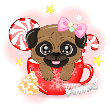 Cute Dog Pug In A Bowl Of Candy Christmas Vector Illustration