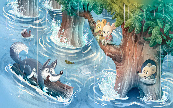 Flooded forest with a wolf on a floating log. Scared animals