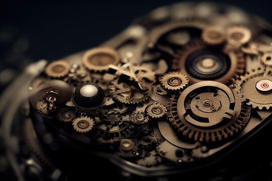 AI generated image of macro view of the gears and moving parts inside a watch 
