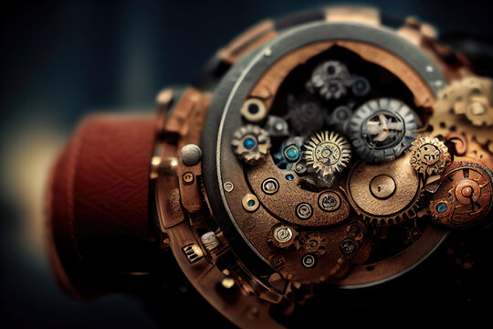 AI generated image of macro view of the gears and moving parts inside a watch 