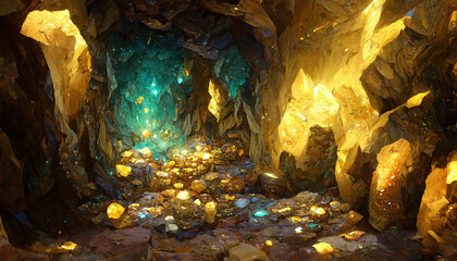 Fantasy setting gold mine tunnel with glittering gold, colorful jewels, and other minerals. Spectacular digital art 3D illustration of underground gold, gemstone, emerald mine. - obrazy, fototapety, plakaty