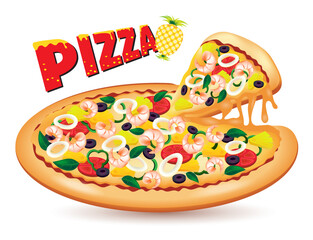 Vector seafood pizza slice. Fast food Illustration.