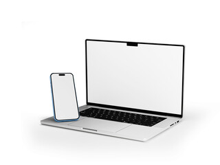 Macbook Pro Laptop and iPhone 14 pro max smartphone in on white background in minimal style for mockup and responsive website.  3D rendered illustration 