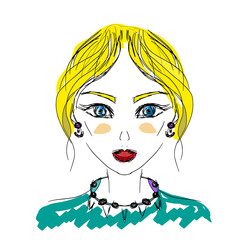 Blonde girl with blue eyes, red lipstick, model, sketch, cartoon drawing
