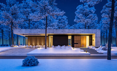 3d rendering of new concrete house in modern style with pool and parking for sale or rent and beautiful landscaping on background. The house has only one floor. Cool winter night with stars in sky.