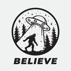 Bigfoot and UFO sticker design. Sasquatch alien abduction art. Flying saucer cryptid believe t-shirt design. Vector illustration. © JoelMasson