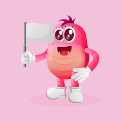 Cute pink monster waving white empty flag