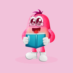 Cute pink monster reading a book