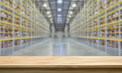 3d rendering of a wooden desk against the blurred warehouse background, storehouse interior 