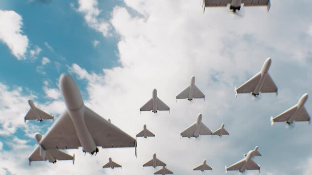 Large Group of Military Drones Kamikaze Raid Flight in the Sky Close-up 3d Animation. Battle UAV Geranium Flying in Clouds and Green Screen. Modern Military Copter Technology Concept 4k UHD 3840x2160.