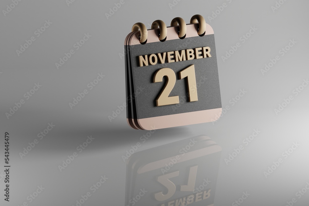 Aufkleber Standing black and golden month lined desk calendar with date November 21. Modern design with golden elements, 3d rendering illustration. White ceramic reflection background...