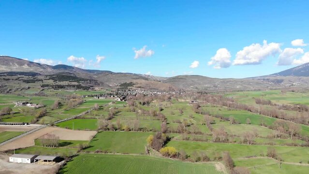 Aerial: cerdagne valley in the Pyrenees, Catalonia, Spain