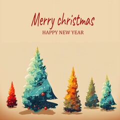 Holiday card with colorful Christmas trees and text 