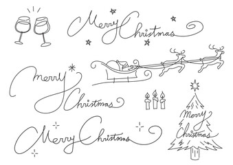 筆記体のメリークリスマス文字、サンタクロースとトナカイ、乾杯、ろうそくなどのクリスマスに使いやすいあしらいセット