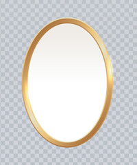 Oval golden photo frame isolated on transparent background. Empty vignette or mirror. Vector realistic Mockup. EPS 10. 