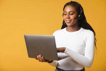 Photo of young multiracial woman confident consultant coworking agent headphone speaker isolated...