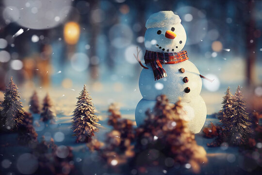 Cute traditional snowman standing in winter landscape as christmas illustration