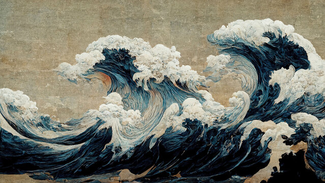 Fototapeta Great blue ocean wave as Japanese vintage style illustration