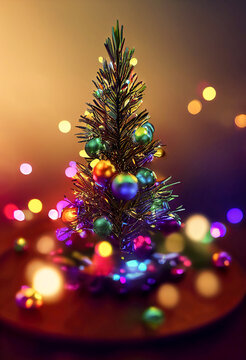 Picture of a small decorated christmas tree with bokeh