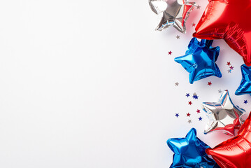USA Independence Day concept. Top view photo of red white blue balloons and star shaped confetti on...