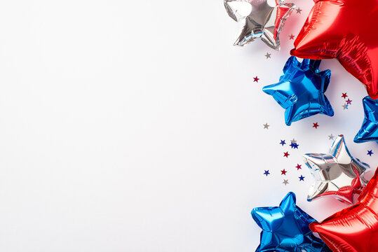 USA Independence Day concept. Top view photo of red white blue balloons and star shaped confetti on isolated white background with copyspace