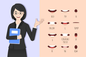business woman posing with lip sync collection for animation. female mouth animation phoneme graphic. Alphabet pronunciation. Vector illustration.