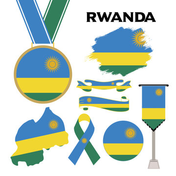 Elements Collection With The Flag of Rwanda Design Template. Rwanda Flag, Ribbons, Medal, Map, Grunge Texture and Button. Vector Illustration