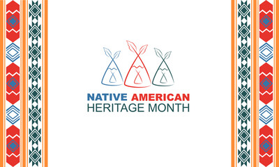 Native American heritage month event. Vector banner, poster, content for social media with text National native american heritage month, November. Background with ornament border, copy space area.  - obrazy, fototapety, plakaty