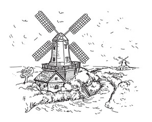 Mill in rural landscape, hand drawn bakery Flour mill graphic. Vector