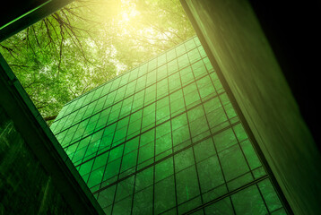 Sustainble green building. Eco-friendly building. Sustainable glass office building with tree for reducing carbon dioxide. Office with green environment. Corporate building reduce CO2. Safety glass.