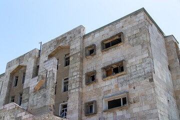 Damaged building during the war between Armenia and Azerbaijan.