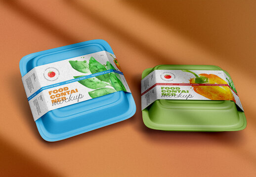 Food Packaging Container Mockup &ndash; Realistic Dual Tray Setup on Beige Surface &ndash; Perfect for Fresh Produce, Ready-to-Eat Meals, and Eco-Friendly Food Branding