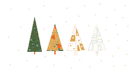 Сhristmas trees set, vector, simple flat illustration, cute, minimalism, green, yellow