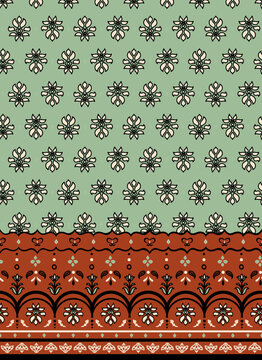 Bohemian, ethno damask border repeat print. Minimal, floral all over print with traditional bottom.
Heritage background.