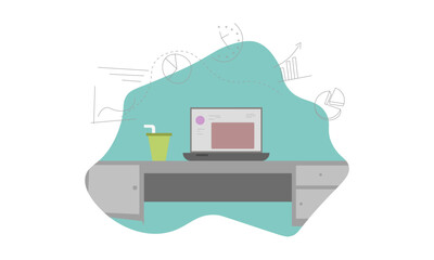 work at home illustration, laptop table and drinks Webinar concept illustration
