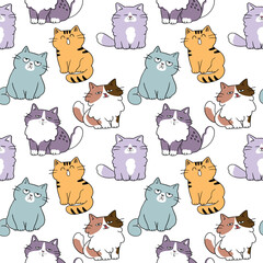 Seamless Pattern with Cartoon Cat Characters on White Background