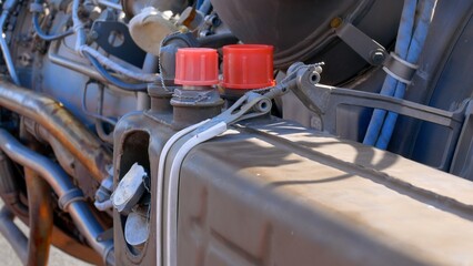 Close-up detail of the jet engine of a combat helicopter of the Soviet Union and the Russian...