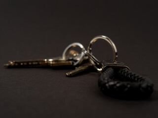 House key with a keychain on a black background.
