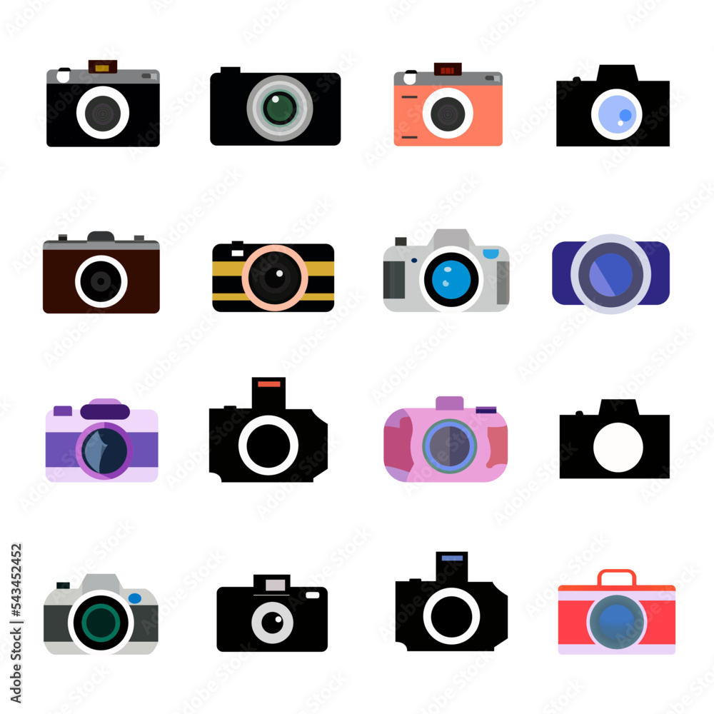Poster vector of a set of colorful camera icons on the white background