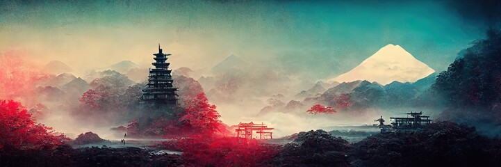 Japanese landscape with temple.